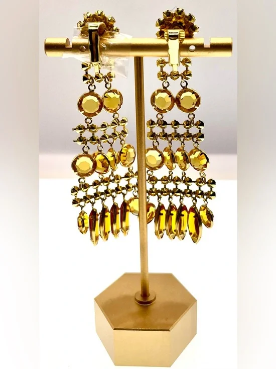 Vintage Amber Rhinestone Chandelier Earrings Gold Tone Statement Clip On - Picture 4 of 6